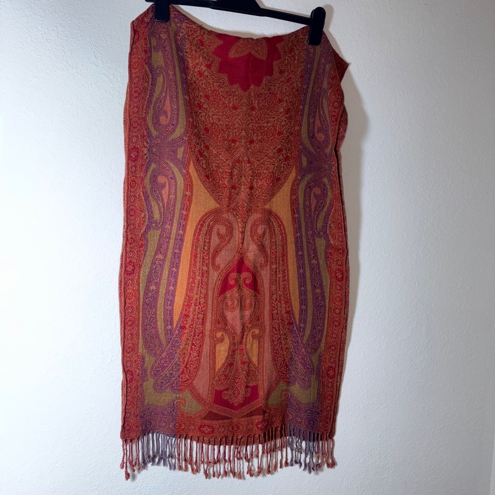 Paisley Pashmina Shawl Red Orange Fringe Boho Wrap Scarf 72 x 20 inches